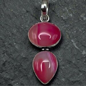 New Pink Striped Agate Stone Pendant Necklace – 925 Sterling Silver Overlay